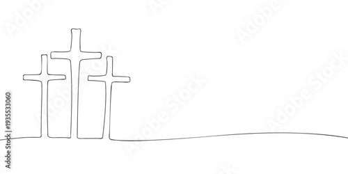 Minimal line illustration of three crosses on a hill, symbolizing the crucifixion of Jesus Christ, faith, sacrifice, and Christian devotion.