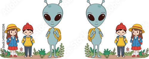 Cute alien with kids characters, funny extraterrestrial friend with school children, cartoon fantasy illustration, playful vector design