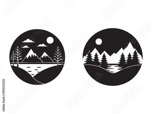 Two black and white circular landscape silhouettes with mountains trees and water under the moon  serene natural scenery