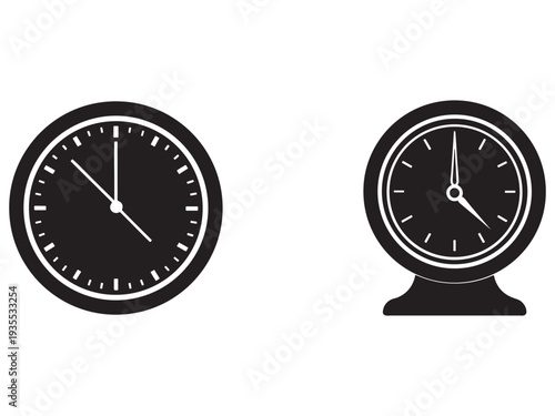Two black and white clocks with white borders and hands on white background  clock faces with hour and minute hands