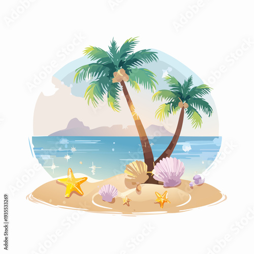 Idyllic tropical island escape with swaying palm trees, glistening ocean, and colorful seashells on a sandy beach