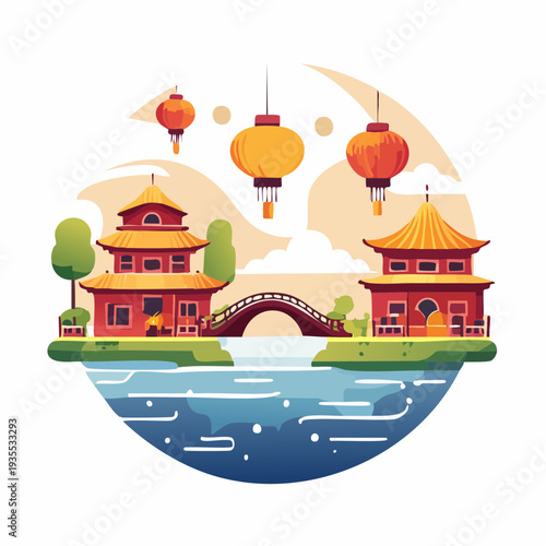 Harmonious cultural concept showcasing traditional Asian architecture, a scenic bridge, and vibrant festive lanterns over tranquil water
