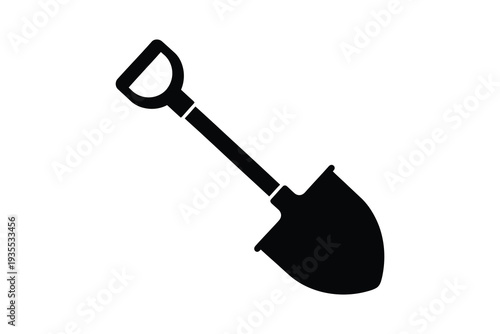 A black and white illustration of a shovel with a long handle and a flat blade Vector