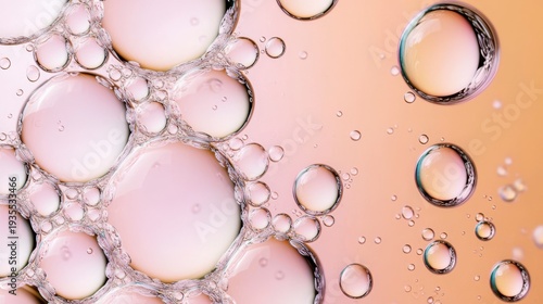 Transparent oil bubbles suspended in water, creating a delicate, abstract pattern against a soft pink background.