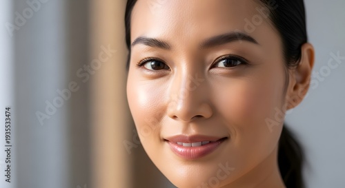 Close up portrait of a smiling woman with smooth skin natural light indoors