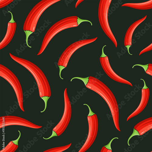 Vector seamless pattern with red chili peppers on dark background