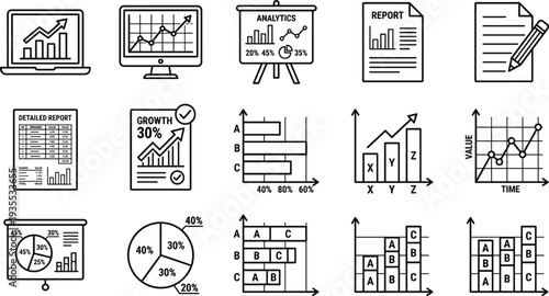 Business Analytics and Data Visualization Line Icon Set with Charts, Graphs, Reports, Statistics, Laptop Dashboard and Financial Analysis Symbols