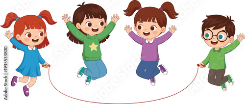 Happy Children Jumping Rope Together Smiling Kids Outdoor Playground Activity Cartoon Vector Illustration
