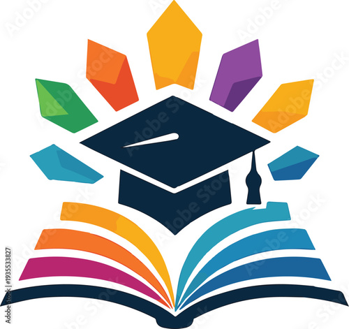 A stylized logo featuring an open book with colorful pages that fan out upwards.