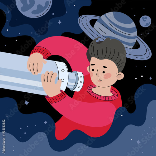 Cute Young Astronomer Character with Telescope and Night Sky