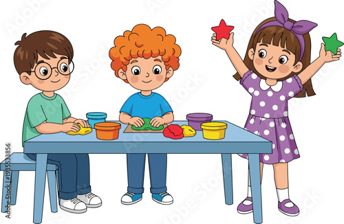 Cute Kids Playing with Colorful Modeling Clay at Table Creative Preschool Activity Cartoon Vector Illustration