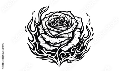 Rose with Tribal Flames Tattoo Design Black and White Illustration