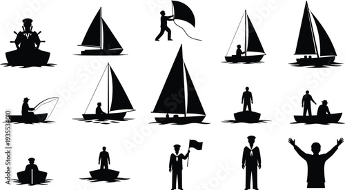 Sailing Boat and Sailor Silhouette Set with Fishing Boat Captain Yacht and Navy Personnel Vector Illustration Pack for Maritime Design