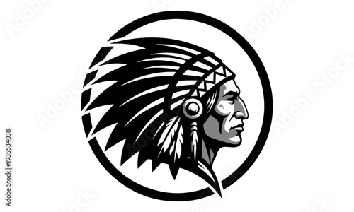 Native American Chief Profile with War Bonnet in Circle Logo