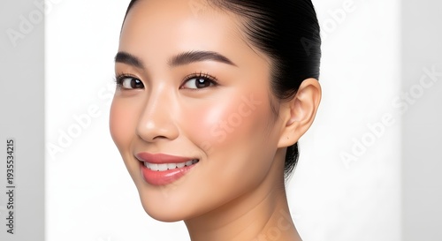 Close up portrait of a woman with radiant skin and subtle makeup
