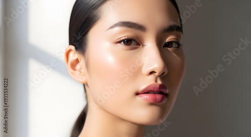Close up portrait of a woman with radiant skin and subtle makeup