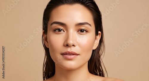 Close up portrait of a woman with wet hair and a neutral background