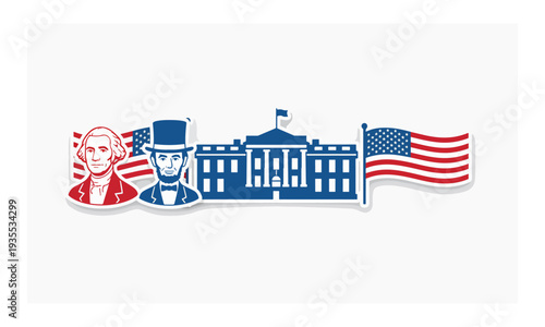 USA Presidential Icons: Washington, Lincoln, White House, American Flag