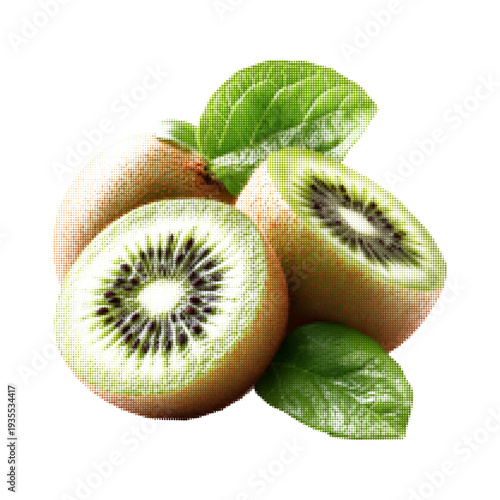 Fresh kiwi fruit with slice and leaves in halftone style. Color dotted vector illustration of ripe tropical fruit symbolizing healthy nutrition, organic food and natural vitamin source.