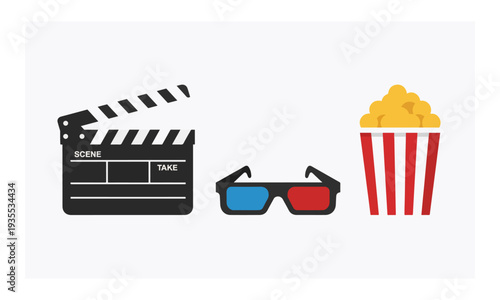 Cinema concept with clapperboard, 3D glasses, and popcorn