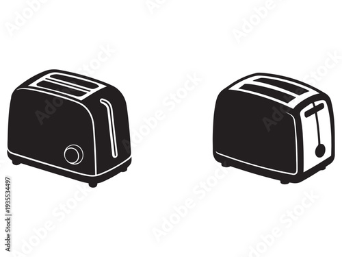 Two black and white toaster icons side by side showing front and side views for kitchen appliance design or cooking concept  isolated on white background