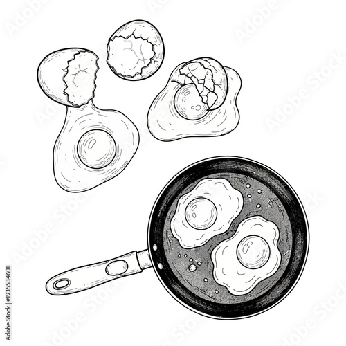 Fried Eggs in Pan Cooking Breakfast Food Kitchen Line Illustration Vector
