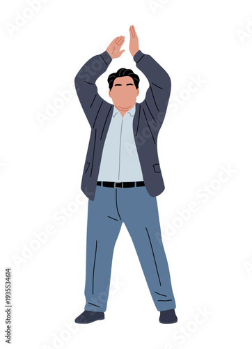 Clean flat vector illustration of a businessman in navy blazer and light blue trousers, arms raised overhead, isolated on transparent background with minimalist styling.