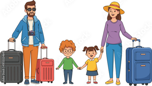 Happy Family Traveling Together with Suitcases Parents and Children Vacation Trip Cartoon Vector Illustration