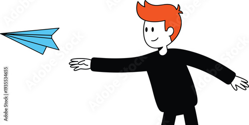 Boy Throwing Paper Airplane Cartoon Illustration Minimal Flat Vector Design Isolated on White Background