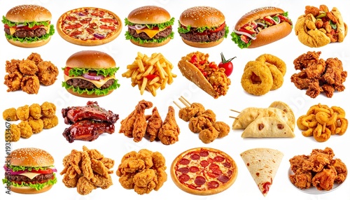Fast food set and collection menu isolated on white background. cheeseburger, pizza, sandwich, wings, fries, taco, dumpling, skewers, nuggets, bbq ribs, fried chicken