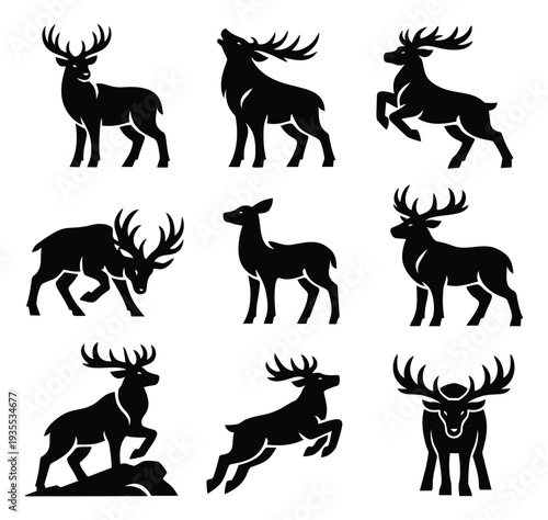 Stylized deer icon set featuring stags and doe in various poses for branding and design