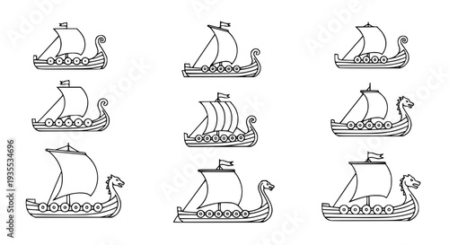 Minimal Line Viking Longship Icons – Dragon Head Boat Outline Vector Set EPS 10