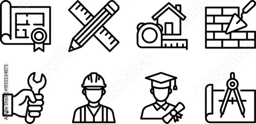 Construction and Architecture Line Icon Set with Blueprint Plan, Tools, Engineer, Builder, Graduation Cap, Measuring Instruments and Building Design Symbols