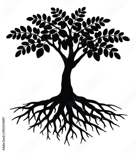 Stylized illustration of a tree with roots depicting growth and stability for environmental and symbolic designs