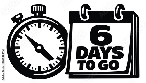 Simple black and white line art illustration of a countdown timer and calendar depicting six days remaining for promotions, deadlines, or events