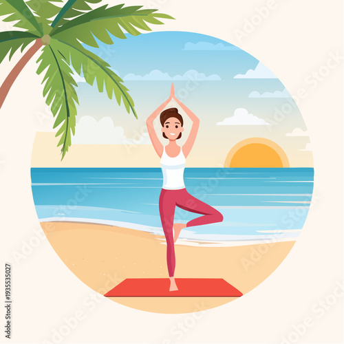 Serene illustration of a woman in tree pose, practicing yoga on a sun-drenched tropical beach at sunset for wellness