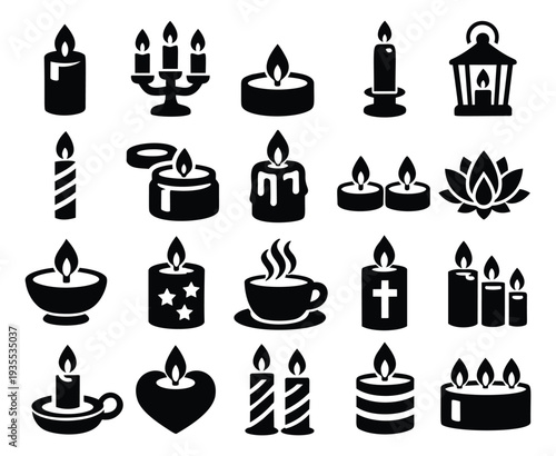 Simple candle icon set featuring various burning candles and decorative lanterns for celebration, relaxation, and spiritual events
