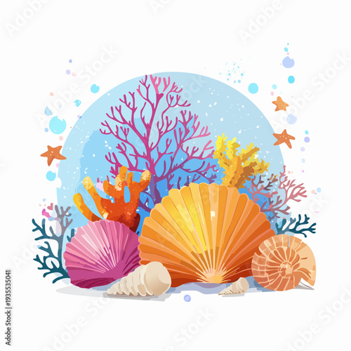 Vibrant underwater composition featuring colorful seashells, corals, and starfish creating a serene oceanic display