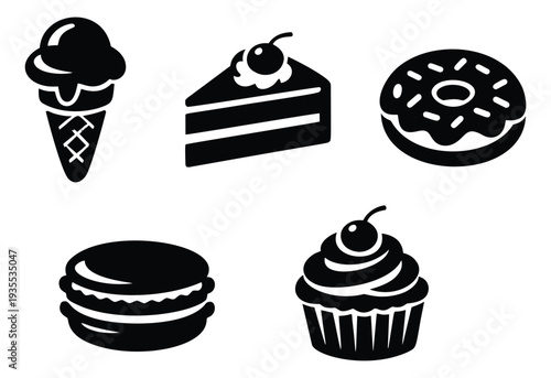 Modern dessert icon set featuring ice cream, cake slice, donut, macaron, and cupcake for confectionery and bakery menus