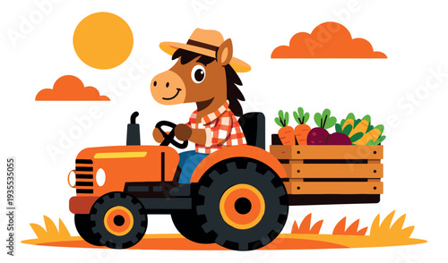 Cute flat illustration of a horse farmer depicting a tractor carrying harvested vegetables for a farm life concept