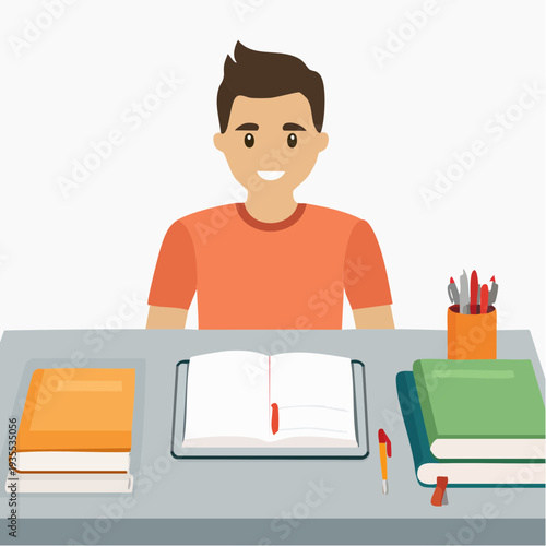 Young man happily studying at his desk surrounded by books and learning materials, focused on education