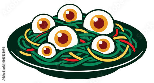 Graphic illustration of monster spaghetti depicting a spooky meal for Halloween celebration