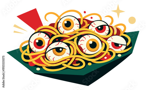 Spooky cartoon illustration of a plate of spaghetti depicting eyeballs for halloween celebration