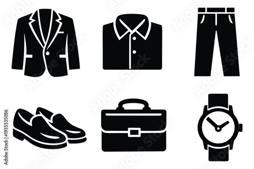 Minimalist business fashion set featuring a suit jacket, dress shirt, pants, shoes, briefcase, and watch for corporate professionals