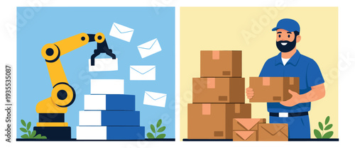 Modern flat design logistics set featuring a robotic arm handling mail and a delivery person with packages for shipping and postal services