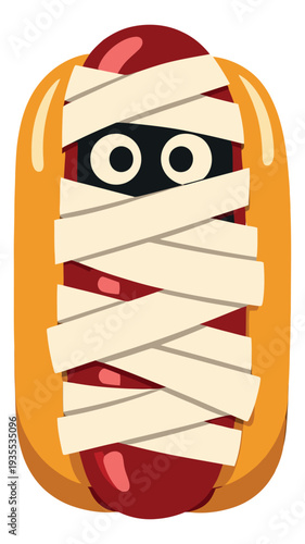 Cartoon illustration of a hot dog depicting a mummy costume for Halloween celebration