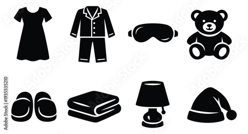 Simple icon sleep set featuring nightwear, a teddy bear, and sleep accessories for a peaceful rest