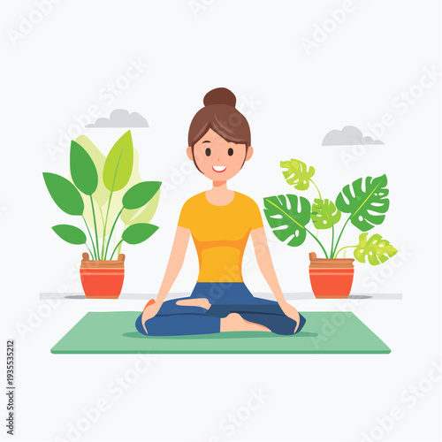 Cultivating inner harmony peaceful woman meditates in a tranquil yoga pose surrounded by house plants
