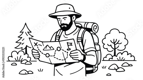 Line art illustration of a hiker depicting a man looking at a map for outdoor adventure