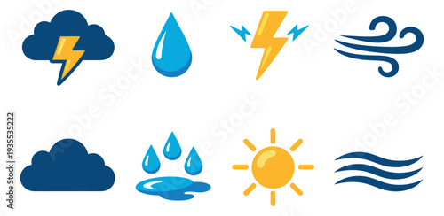 Flat style weather icons set featuring clouds, sun, rain, lightning, and wind for forecasting applications